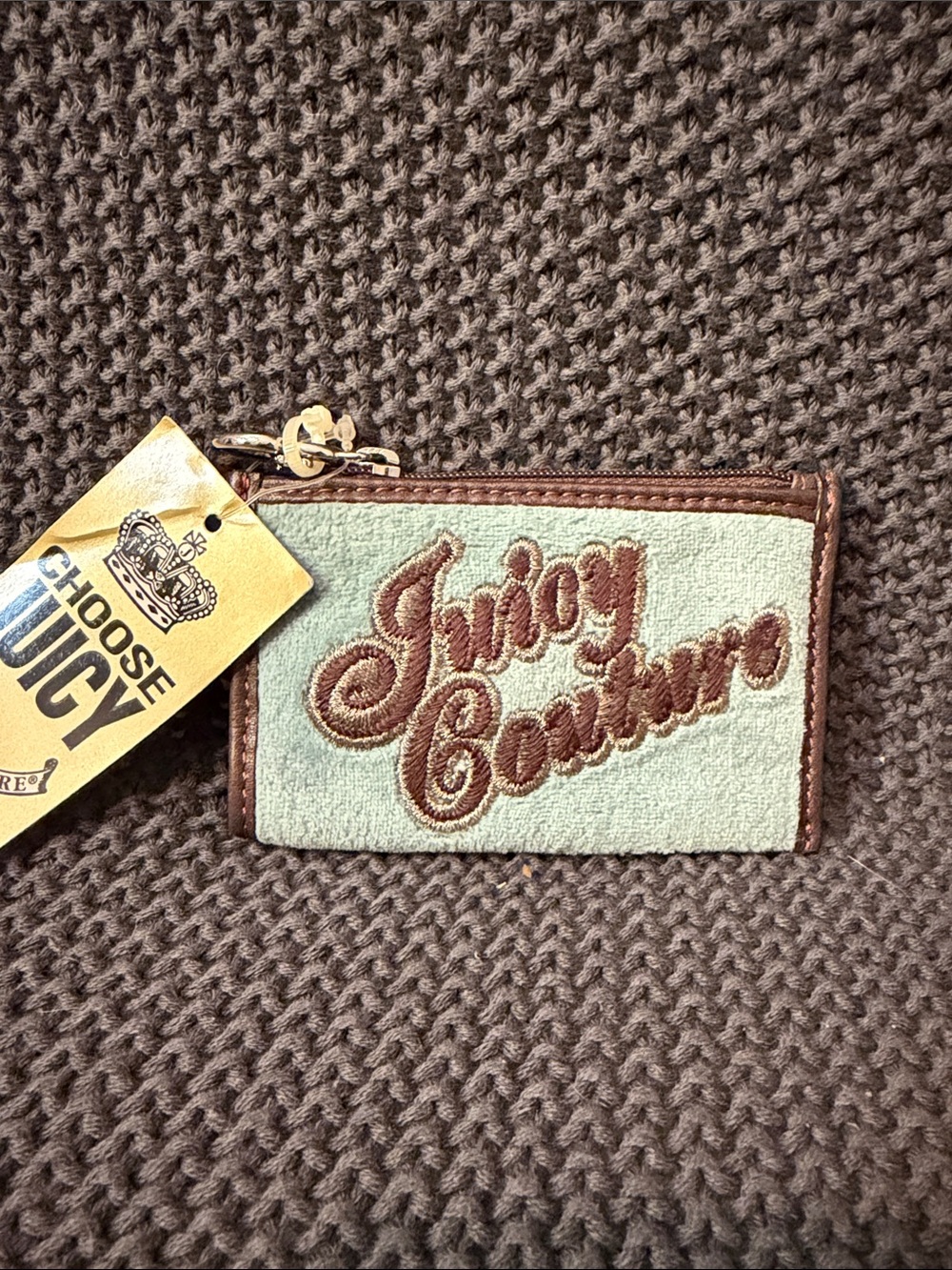 Juicy Couture Mint & Brown Embroidered Zip Card Case